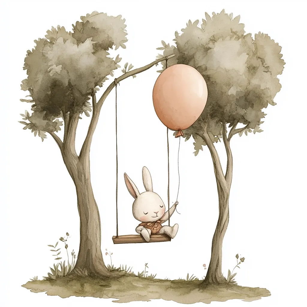 Here's a description of the image:

A charming watercolor illustration depicts a white rabbit seated on a swing suspended between two stylized trees. The swing is simply rendered, a small wooden plank hanging from ropes. The rabbit, wearing a muted orange garment, holds onto a string attached to a pale peach balloon that floats above. The trees are rendered in muted greens and browns, conveying a tranquil, slightly rustic atmosphere. The overall style is gentle and whimsical, suggestive of children's book illustration. The background is pure white, emphasizing the central image.