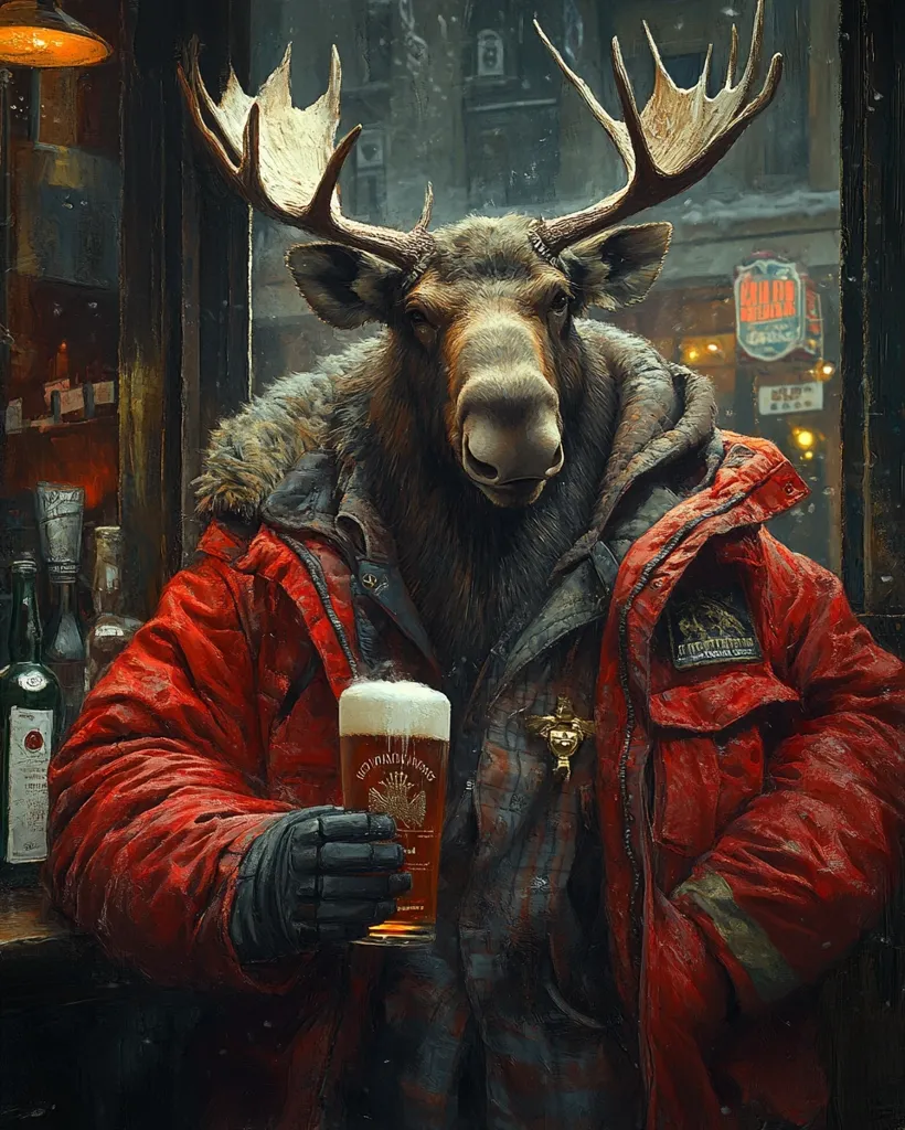 Here's a description of the image:

The artwork depicts an anthropomorphic moose, comfortably seated in a dimly lit bar.  The moose, wearing a vibrant red parka and dark gloves, holds a pint of beer.  Its large antlers are prominent, contrasting with the cozy, wintery scene suggested by the snowy street visible through the bar's window. The bar’s interior is rustic, with shelves of bottles behind the moose adding to the atmospheric setting.  The overall style is dark, detailed, and realistic, hinting at a fantasy or surreal element.  The moose appears relaxed and content, enjoying a drink in a somewhat isolated setting.