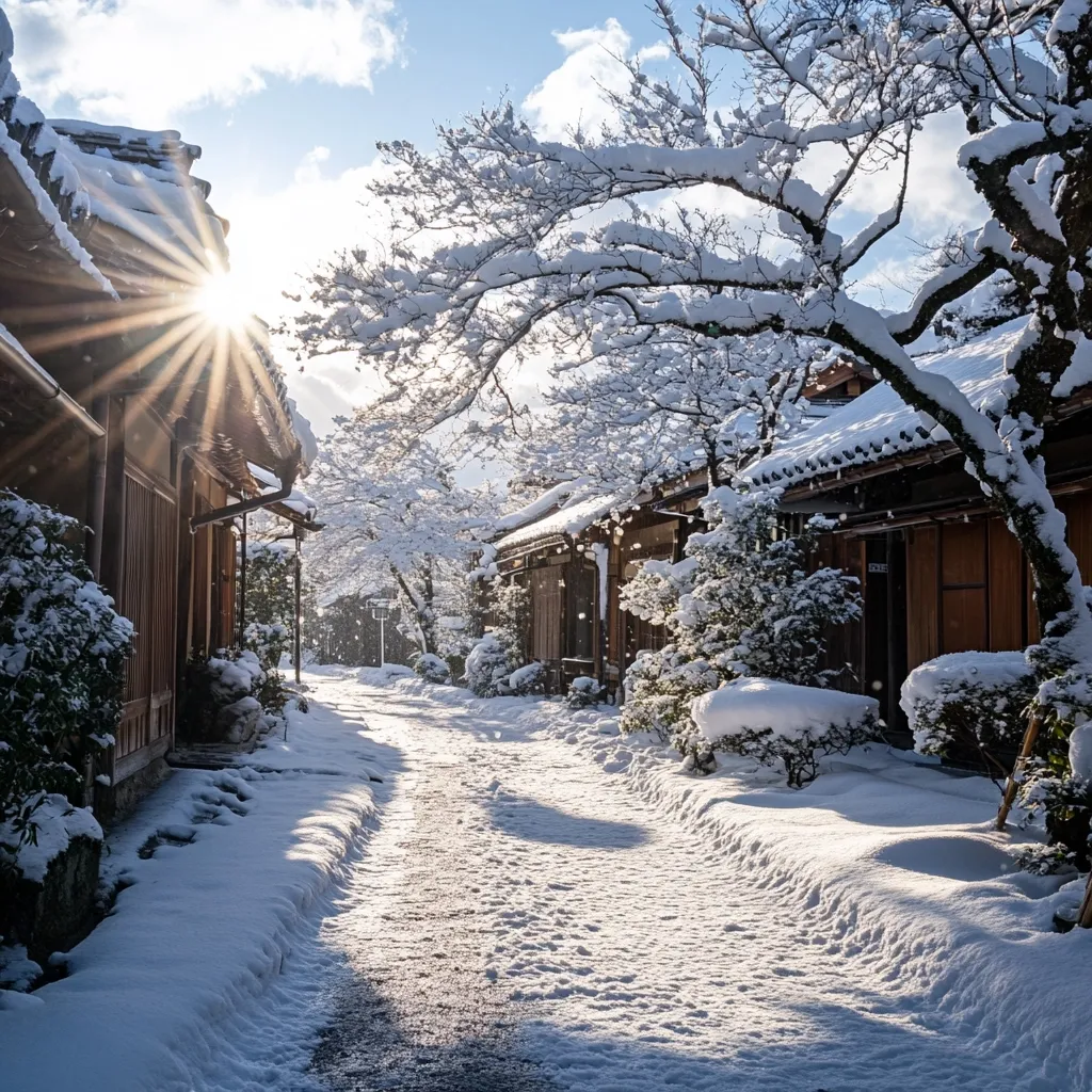 A snow-covered path winds between traditional Japanese houses, bathed in the golden light of a rising sun.  Snow drapes the buildings' roofs and branches of trees lining the street, creating a serene winter scene. The sun's rays burst through the branches, casting a warm glow on the pristine white landscape.  The atmosphere is peaceful and quiet, suggesting a secluded, snow-dusted village.