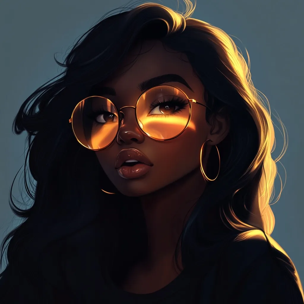 Here's a description of the image:

The illustration showcases a young Black woman with long, dark hair styled in loose waves. She wears large, round eyeglasses, through which a warm golden light shines, creating a dramatic, sunlit effect.  Her expression is subtly alluring, with full lips and expressive eyes.  She also sports simple hoop earrings. The overall style is realistic digital art with a focus on soft lighting and rich, dark tones that highlight her features. The background is a muted blue-gray, drawing attention to the subject.