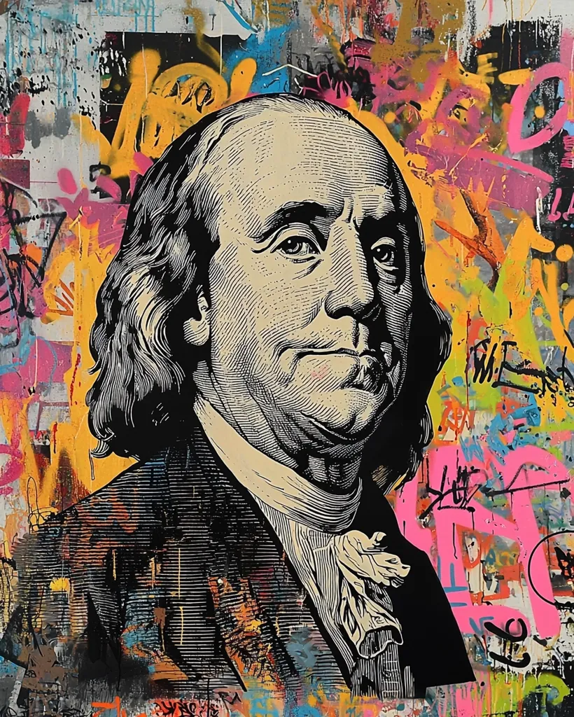 This vibrant artwork features a striking juxtaposition of styles. A detailed, almost photorealistic portrait of Benjamin Franklin, rendered in black and cream tones, is overlaid onto a chaotic background of graffiti-style splashes.  The graffiti explodes in a riot of bright pinks, yellows, blues, and greens, creating a stark contrast to the classical formality of Franklin's image. The overall effect is a dynamic blend of high art and street art, suggesting themes of wealth, history, and the collision of old and new.