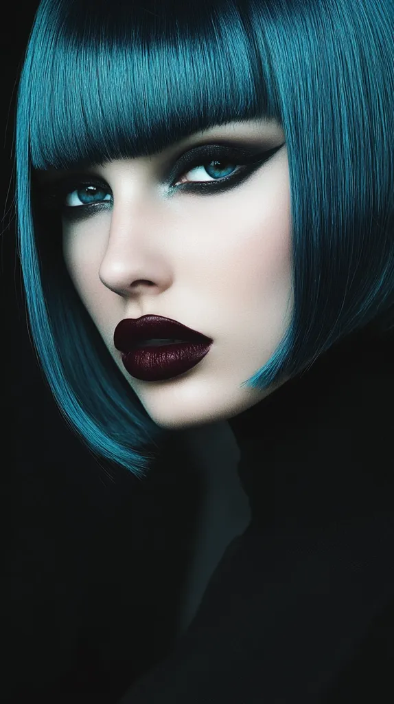 Close-up portrait of a woman with vibrant teal blue, blunt-cut bob. Her makeup is dramatic, featuring dark smoky eyes and deep burgundy lipstick.  The lighting is moody and contrasts her pale skin against her bold hair and makeup. The overall style is edgy and sophisticated.  She wears dark clothing, blending with the background.
