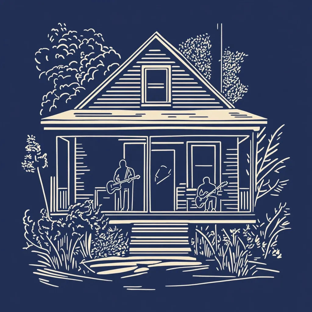 Here's a description of the image:

The illustration depicts a quaint, cream-colored house against a navy blue background.  Two figures, seemingly musicians, are silhouetted on the porch, each holding a guitar. The house features a classic A-frame roof, a single window upstairs, and a wide porch encompassing most of the ground floor. Lush, stylized greenery surrounds the house, suggesting a rural or suburban setting. The style is reminiscent of linocut or woodblock print, with simple lines and textures conveying depth and detail.  The overall mood is peaceful and serene.