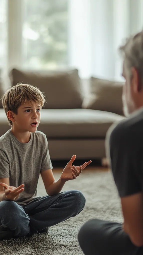 A young boy, seated cross-legged on a carpeted floor, earnestly engages in conversation with an older man. The boy's expressive hands gesture as he speaks, conveying emotion and emphasis. The setting is a relaxed, home-like environment, with blurred furniture in the background suggesting a living room or family area. The focus is on the interaction between the two, hinting at a moment of discussion or perhaps a conflict resolution.  The overall tone is intimate and serious.