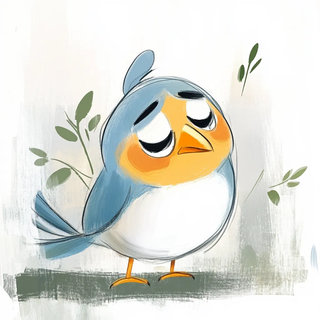 Here's a description of the image:

The illustration depicts a cartoon bird, predominantly blue and white, with a round, chubby body. Its expression is melancholic, with droopy eyes and a slightly downturned beak. The bird is positioned slightly off-center, standing on what seems to be a muted green ground.  Delicate, stylized green leaves are subtly placed in the background, adding a gentle, nature-inspired touch to the overall soft and slightly impressionistic painting style. The overall feel is one of gentle sadness and quiet contemplation.