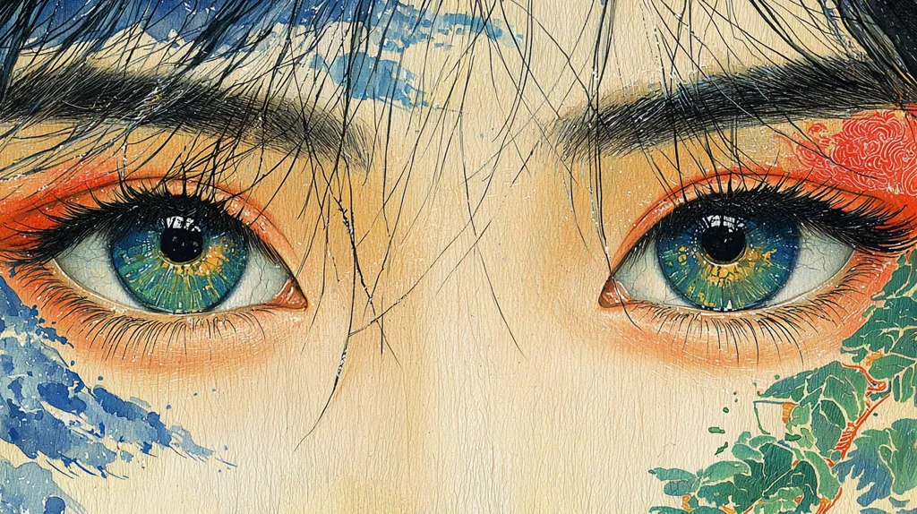 A close-up painting depicts a pair of striking eyes, large and expressive, with vibrant green and blue irises.  The detailed rendering shows long, dark lashes and subtly textured skin tones.  Watercolor-like washes of blue and green surround the eyes, appearing like splashes or nature elements, contrasting with touches of orange eyeshadow and a hint of red floral detail.  The style is reminiscent of Japanese art, with a focus on delicate linework and the natural beauty of the subject.