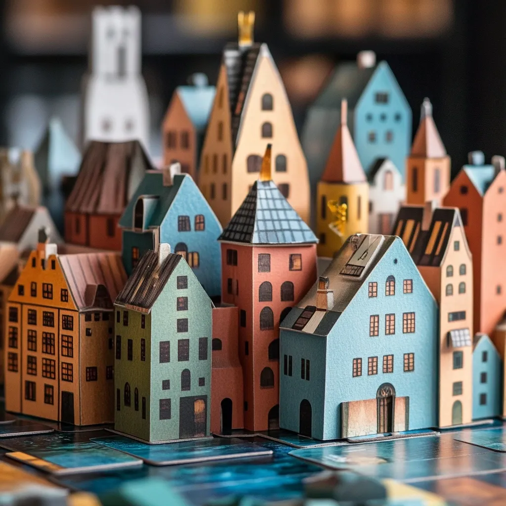 A charming miniature cityscape is meticulously crafted from colorful cardboard buildings.  Various styles and sizes of houses are clustered together, creating a dense and detailed urban scene.  The buildings feature arched windows, pitched roofs, and intricate detailing, suggesting a European architectural style. The scene is set on a dark, reflective surface, perhaps a game board, enhancing the overall visual appeal. The depth of field emphasizes the central buildings, while others fade gently into the background.