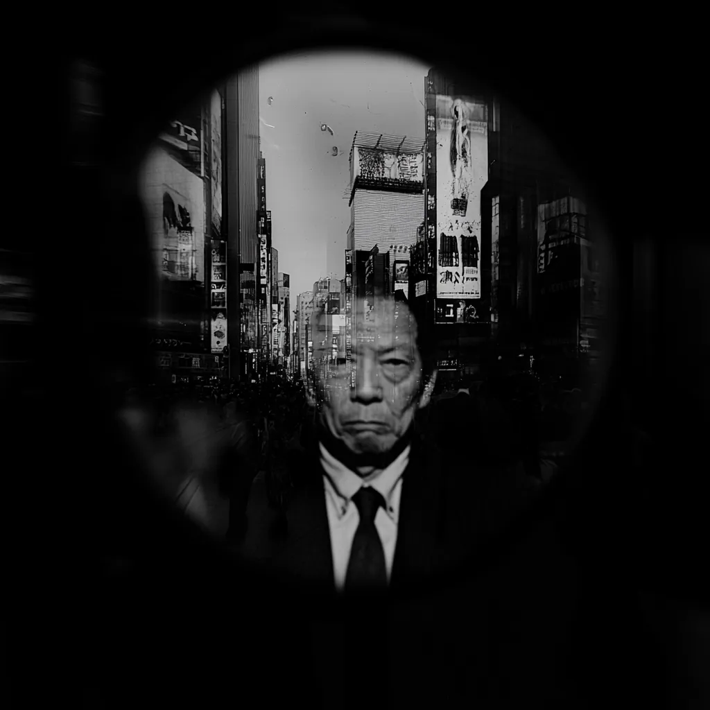Here's a description of the image:

The photograph is a black and white, close-up shot of a man, seemingly viewed through a circular, slightly distorted lens or window. He appears middle-aged or older, with a serious expression, wearing a dark suit and tie. His face is the central focus, sharply contrasted against the blurred background. This background is a bustling city street scene, possibly in Japan, filled with tall buildings, bright signs, and a suggestion of crowds, all slightly out of focus, creating a dreamy, almost surreal effect. The overall mood is somber and contemplative, highlighting the juxtaposition of the individual within the anonymous energy of a large city.
