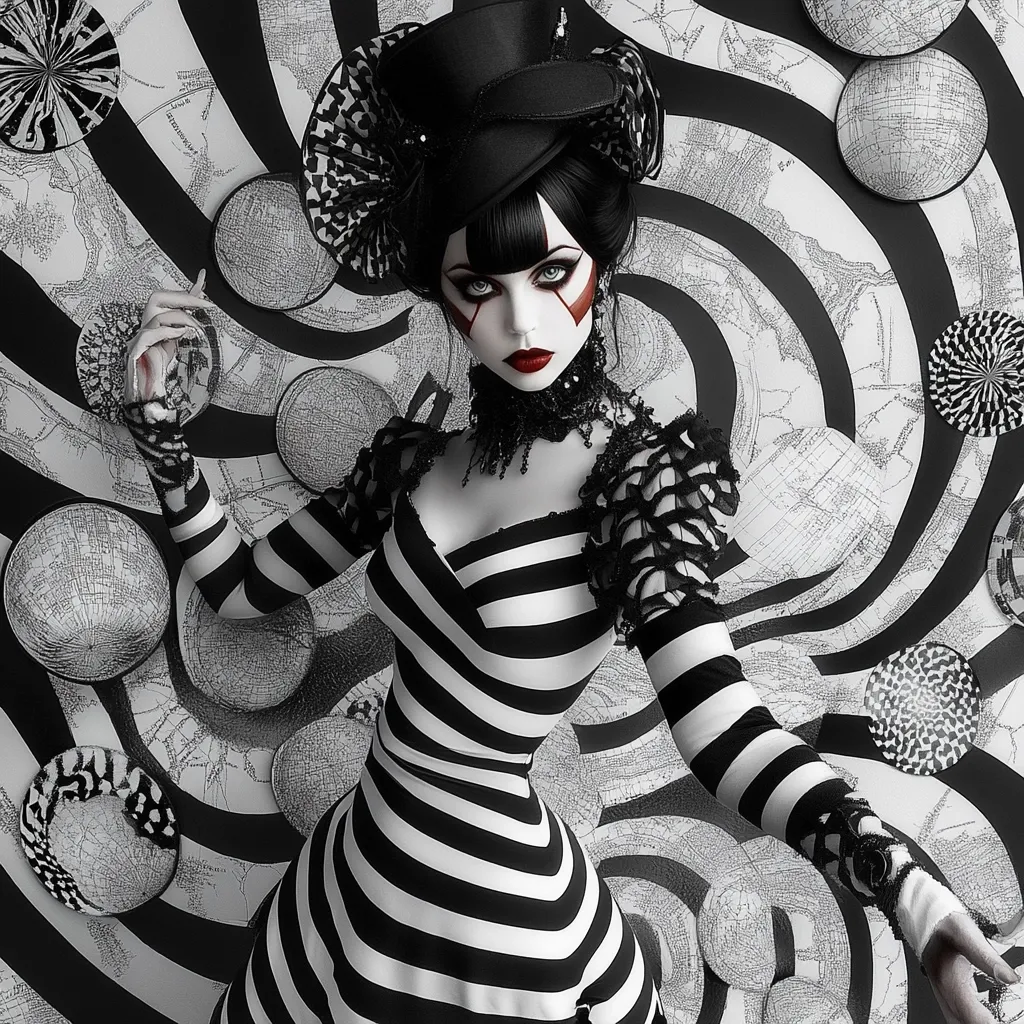 A striking monochrome portrait of a woman in a Victorian-inspired, black and white striped dress.  She wears a top hat with black lace detailing at the shoulders and neckline.  Her makeup is dramatic, featuring pale skin, dark eyes, and bold red lips. The background is a swirling pattern of concentric circles and maps, creating a hypnotic, slightly unsettling atmosphere. The overall style is reminiscent of circus or burlesque aesthetics.