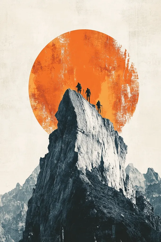 Here's a description of the image:

The artwork depicts three silhouetted figures standing atop a rugged, grey mountain peak. They hold trekking poles, suggesting a mountaineering expedition.  Behind them, a large, textured orange circle reminiscent of a setting or rising sun dominates the background, creating a striking contrast with the monochrome mountain range.  The overall style is minimalist and evocative, with a focus on the climbers' achievement and the powerful natural elements around them. The textured, slightly faded effect adds a vintage feel to the piece.