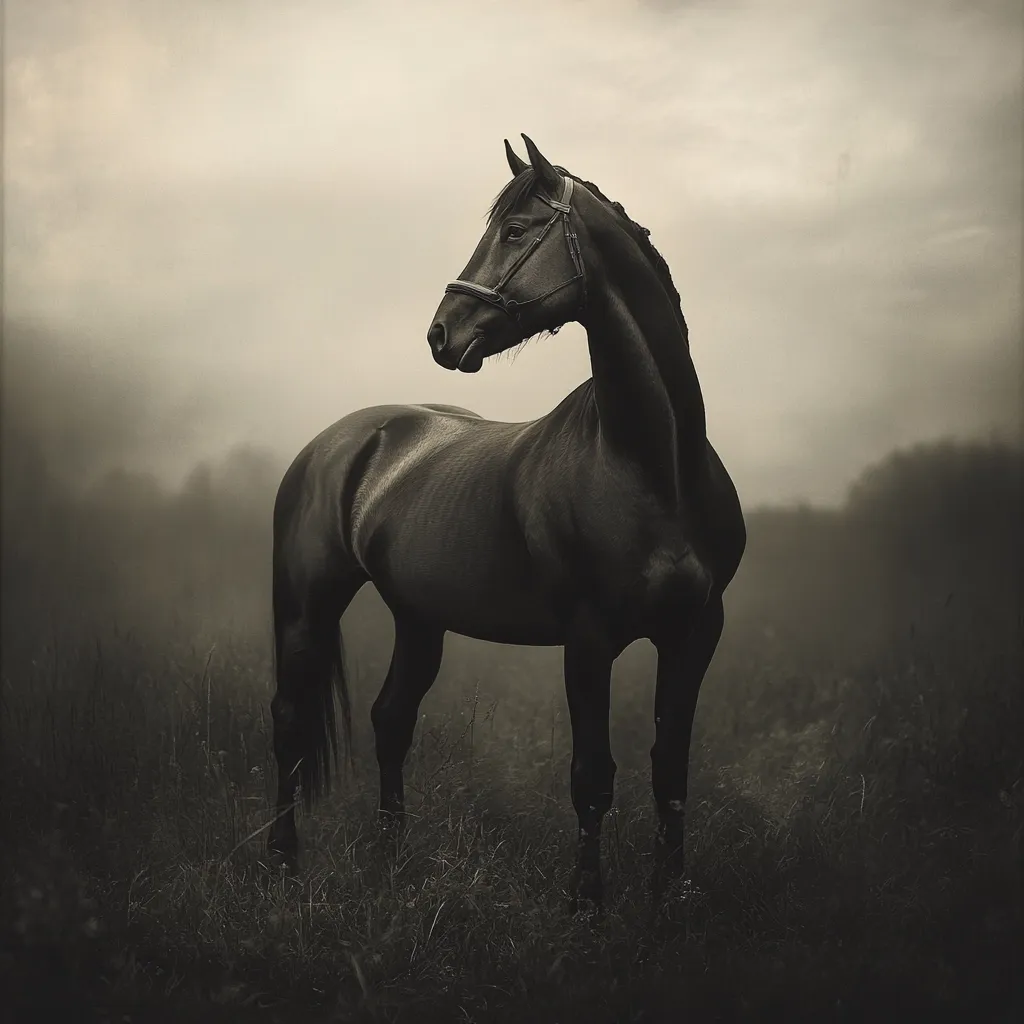 A majestic black horse stands in a misty field, its dark coat contrasting with the muted background.  The horse is elegantly poised, its head slightly turned, wearing a simple bridle.  The atmosphere is somber and serene, with a sepia-toned effect enhancing the mood. The long grass at its feet and the hazy horizon create a sense of solitude and quiet strength.