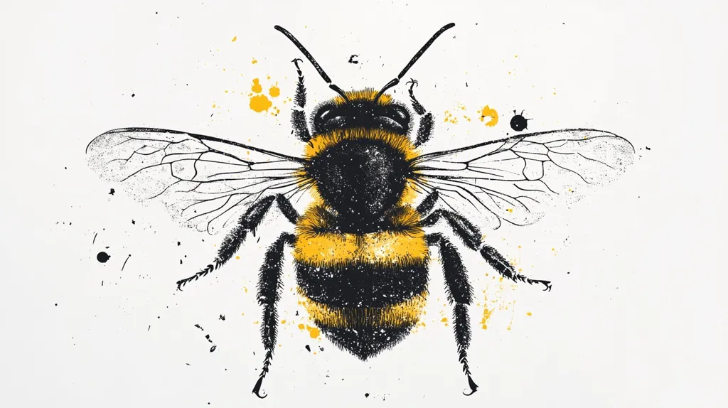 Here's a description of the image:

The image is a stylized illustration of a bumblebee, rendered in black and white with accents of yellow.  The bee is depicted from a slightly elevated, overhead perspective, showcasing its detailed wings and hairy body.  The style is reminiscent of a print, with fine lines and stippling creating texture and depth.  Small yellow and black paint splatters are scattered around the bee, adding to the artistic effect and suggesting movement or energy. The background is a simple, off-white, allowing the bee to be the focal point.
