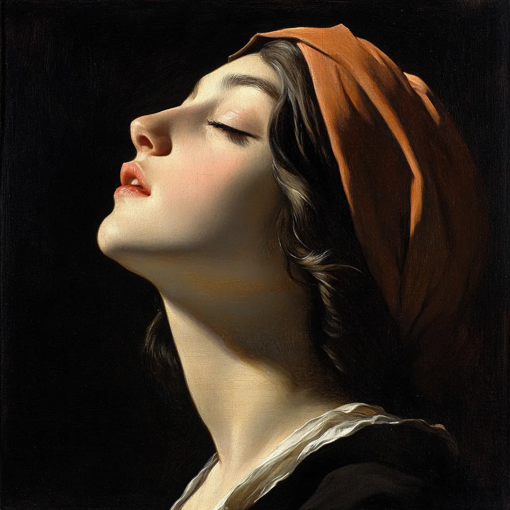 The painting is a close-up portrait of a young woman, her head tilted back, eyes closed, and lips slightly parted.  She wears a burnt orange turban that drapes dramatically around her dark hair. The woman's pale skin contrasts with the dark background, highlighting the delicate features of her face and neck. The style is reminiscent of classical portraiture, with a focus on light and shadow to create depth and emotion. The overall mood is serene yet evocative, suggesting contemplation or prayer.