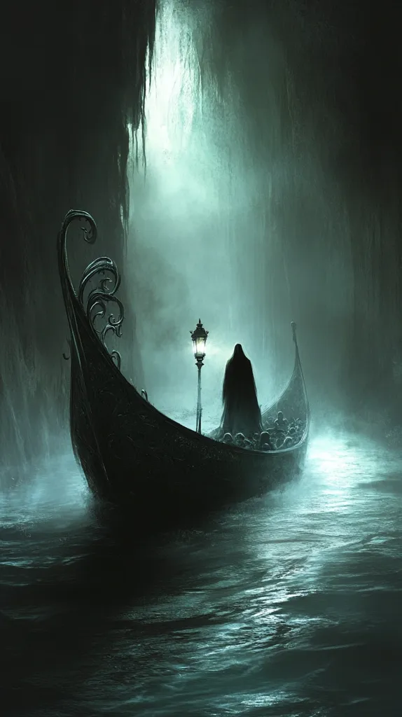 A dark, ornate gondola glides through a misty, cavernous waterway.  A cloaked figure sits within, seemingly accompanied by shadowy forms. A lone, dimly lit lamppost stands on the bank, casting a faint glow on the scene.  The overall atmosphere is eerie and mysterious, suggestive of a gothic or fantasy setting. The water is calm yet ominous, mirroring the dark ambiance of the surroundings. The image evokes feelings of isolation, suspense, and a journey into the unknown.