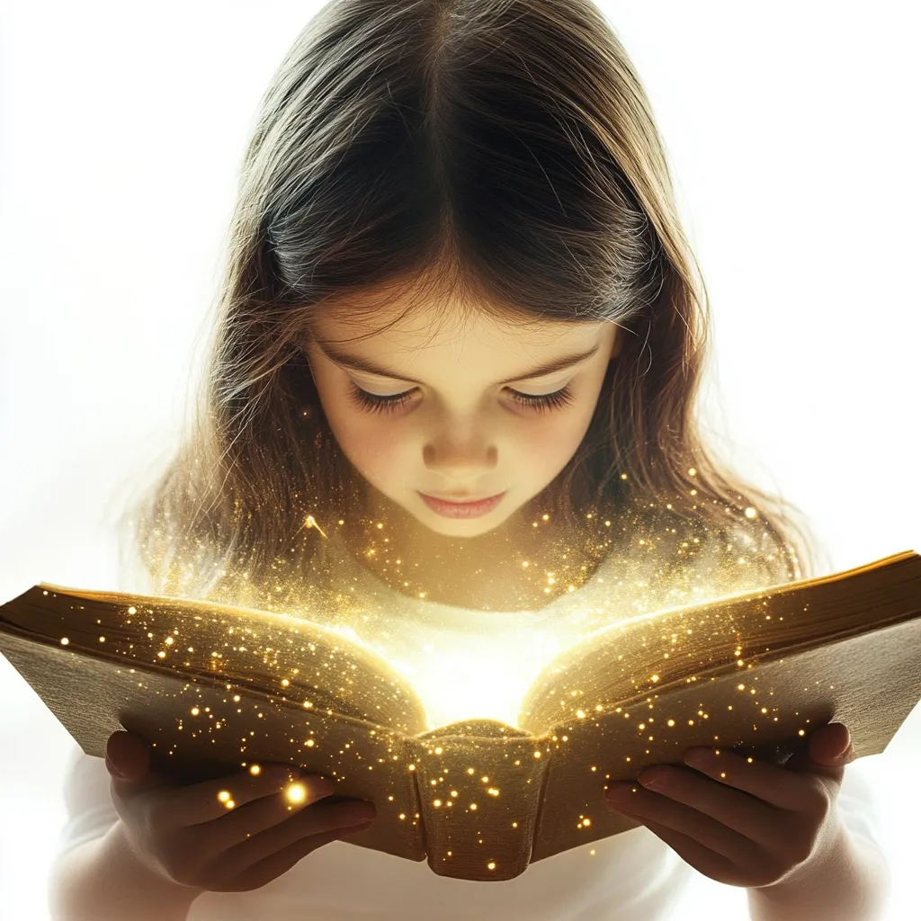 A young girl with long brown hair is engrossed in reading a book.  Golden sparkles emanate from the open pages, creating a magical, enchanting effect.  Her focused expression and the radiant light suggest the story is captivating and transporting her to another world. The overall image evokes a sense of wonder and the power of imagination found within books.