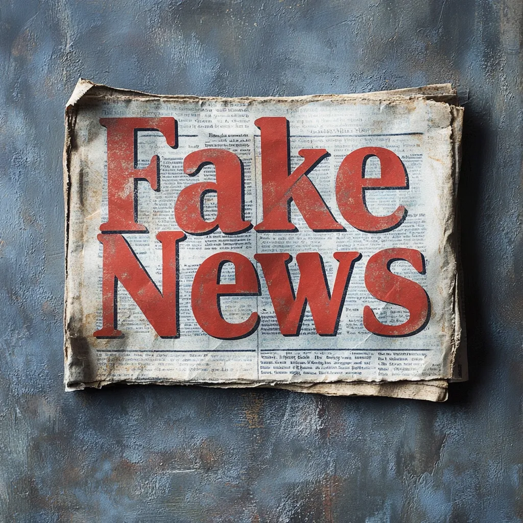 Here's a description of the image:

The image shows a piece of aged, crumpled newspaper with the words "Fake News" prominently displayed in large, bold, red lettering.  The newspaper's print is illegible except for the title, giving it a vintage, distressed look. The newspaper is placed against a dark gray, textured background that resembles a rough, metallic surface. The overall effect conveys a sense of warning and the serious issue of misinformation in media.