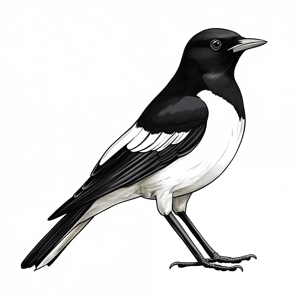 A detailed, black and white illustration showcases a bird, possibly a type of wagtail or similar species. Its plumage is strikingly patterned, with black and white feathers sharply defined. The bird is depicted in profile view, its body angled slightly to the right, exhibiting a long, slender tail and relatively short legs. The artist's meticulous linework creates a sense of realism, emphasizing the texture of the feathers and the bird's delicate features. The background is plain white, ensuring the bird remains the focal point.
