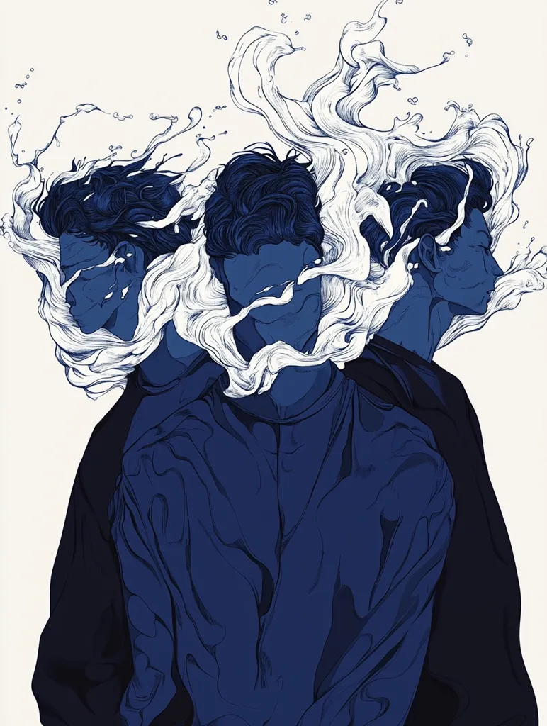 Here's a description of the image:

The illustration showcases three stylized figures, seemingly male, with dark blue hair merging into abstract, swirling white forms suggestive of water or smoke. Their faces are partially obscured, adding to a sense of mystery. The central figure is prominent, clad in a dark blue, long-sleeved garment, while the figures to either side are partially visible, their bodies enveloped by the swirling forms. The monochromatic blue palette creates a moody, contemplative atmosphere. The overall style is reminiscent of contemporary illustration with a focus on linework and texture. The piece evokes feelings of interconnectedness and perhaps a shared experience or memory.