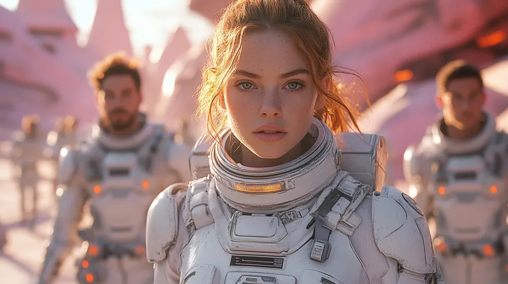 A young woman with reddish-blonde hair, wearing a futuristic white spacesuit, stands in sharp focus in the foreground.  Her expression is serious and direct.  Behind her, several other figures in similar suits are blurred, suggesting a team or expedition. The background features a surreal, pinkish landscape, possibly an alien planet, bathed in a warm, sunset-like light. The overall impression is one of science fiction adventure.