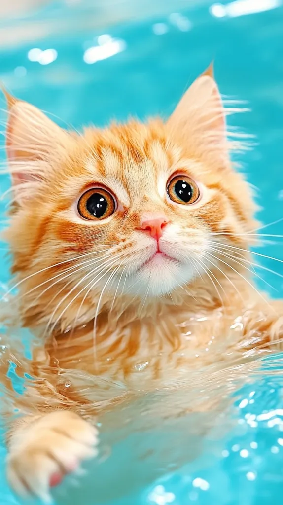 A ginger kitten, partially submerged in a turquoise pool, gazes upward with wide, curious eyes.  Its fur is slightly wet, clinging to its body. The kitten's paws are visible, gently resting on the water's surface.  The vibrant blue of the pool contrasts beautifully with the kitten's orange coat, creating a striking image. The overall feeling is one of playful curiosity and unexpected aquatic adventure.