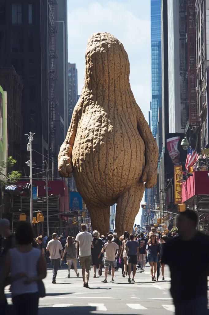 A giant, anthropomorphic peanut walks down a busy New York City street.  Its textured, light brown skin is highly detailed.  Pedestrians, dwarfed by its size, navigate around it.  Tall buildings flank the street, creating a stark contrast between the everyday and the surreal.  The scene is bathed in bright sunlight, emphasizing the unusual scale of the peanut figure.  The overall mood is a blend of the familiar and the fantastic.