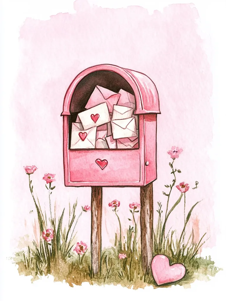 A charming watercolor painting depicts a pink mailbox overflowing with pink envelopes, each adorned with a tiny red heart.  The mailbox stands on wooden posts amidst a patch of delicate pink wildflowers and green grass, set against a soft pink background. A larger pink heart rests on the ground beside the mailbox, adding to the romantic Valentine's Day theme. The overall style is sweet and whimsical.