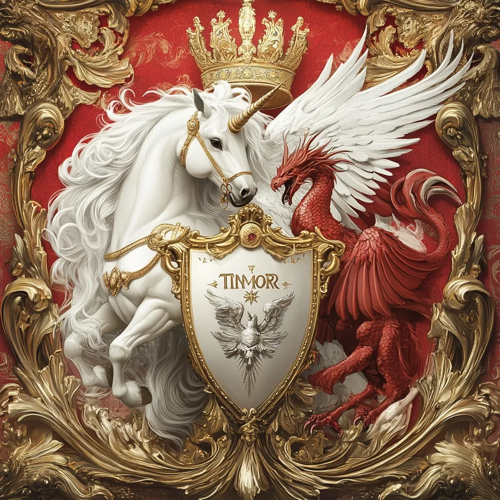 A regal crest, ornate in gold against a rich red background, features a majestic white unicorn and a vibrant red dragon flanking a central shield.  The shield, emblazoned with "Tinmor" and a dove, is topped by a golden crown.  Intricate gold detailing frames the composition, creating a sense of grandeur and heraldic symbolism. The juxtaposition of the unicorn and dragon suggests a balance of opposing forces.