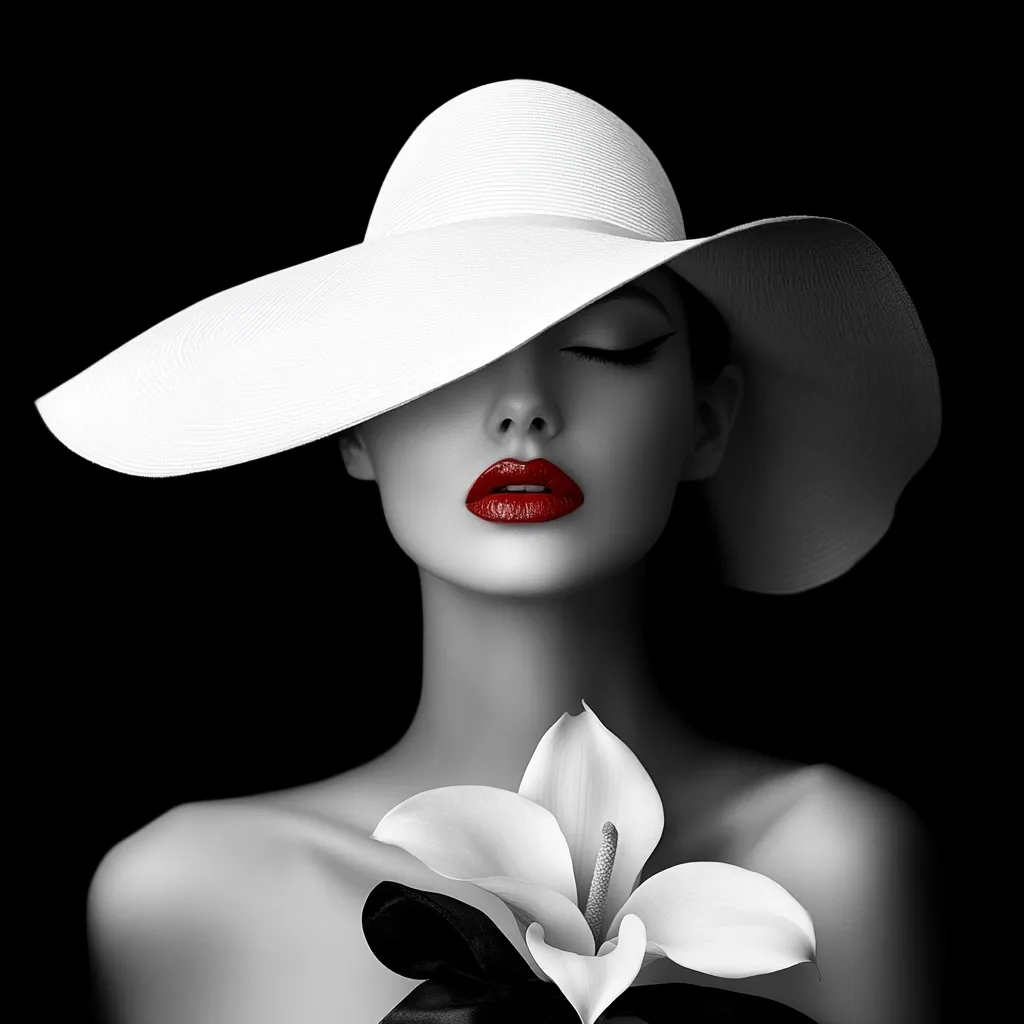 A black and white portrait of a woman, elegantly styled with a wide-brimmed white hat casting a shadow over her eyes.  Her lips are a striking crimson red, a pop of color against the monochrome palette.  She holds a large, white flower to her chest, adding to the image's overall sophisticated and dramatic feel. The background is pure black, further emphasizing the subject. The style is reminiscent of classic Hollywood glamour.