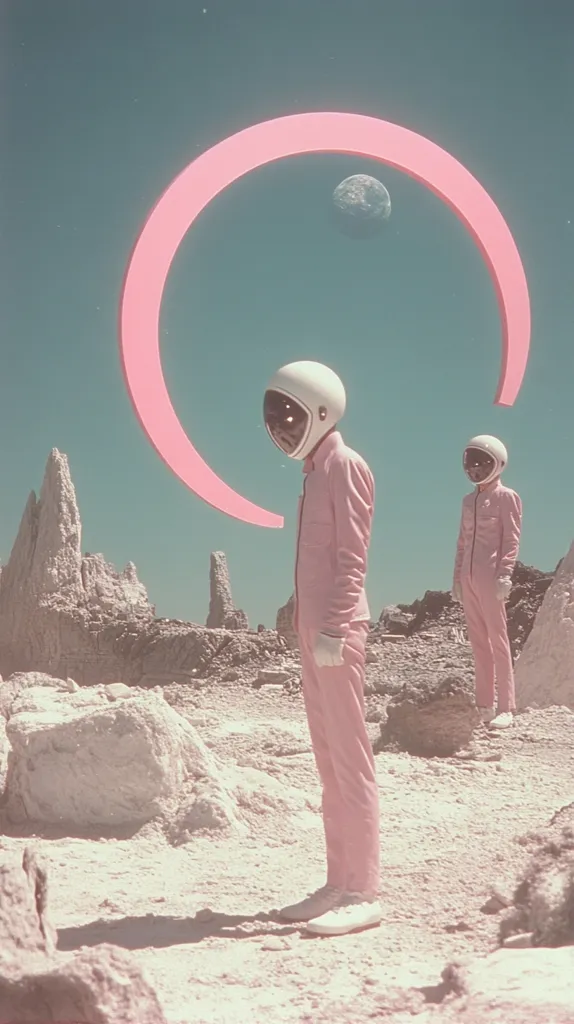 Two astronauts in pink spacesuits stand on a desolate, rocky planet.  A large, pink circular structure arcs overhead, partially obscuring a view of a moon in the pale sky. The landscape is stark and barren, with light-colored rocks and a muted color palette. The overall aesthetic is surreal and dreamlike, possibly suggesting a futuristic or fantastical setting.  The astronauts appear small in relation to the vastness of the landscape and the imposing ring.