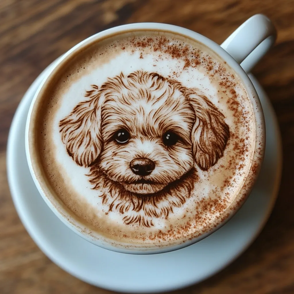 Here's a description of the image:

A close-up overhead shot shows a cup of cappuccino featuring intricate latte art.  The art depicts the face of a fluffy, brown-haired puppy, possibly a poodle mix, rendered in rich brown tones against the creamy foam.  A dusting of cinnamon is visible around the edge of the cappuccino. The cup rests on a white saucer on a dark wood surface, providing a warm and inviting contrast. The overall impression is one of skillful artistry and delightful detail.