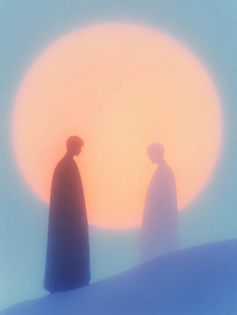 Here's a description of the image:

The image is a stylized, dreamlike scene featuring two silhouetted figures standing against a large, softly glowing peach-colored orb, reminiscent of a sun or moon. The figures appear to be cloaked or wearing long, flowing garments, their features indistinct and blurred. The overall color palette is pastel, with soft blues and peaches blending together, creating a hazy, ethereal atmosphere. The background suggests a landscape, possibly a hill or dune, fading into the same soft blue as the sky. The image conveys a sense of mystery, solitude, and perhaps a spiritual or emotional connection between the two figures.