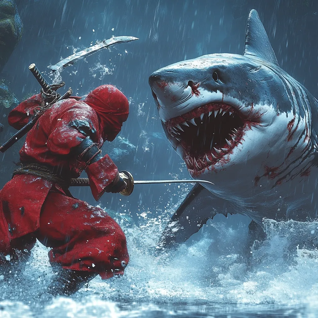 A dramatic image depicts a lone ninja, clad in vibrant red, facing a massive great white shark in a stormy sea.  Rain lashes down as the ninja, wielding two swords, prepares to strike. The shark, mouth agape, reveals rows of razor-sharp teeth. The scene is a violent clash of man and nature, a battle for survival against a formidable opponent in a dark and turbulent aquatic environment.  The contrast between the red ninja and the grey shark is striking.