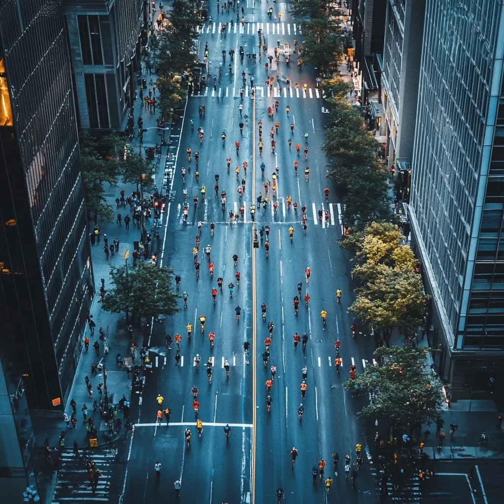 Here's a description of the image:

An aerial, high-angle shot captures a city street scene, likely in New York City, during a marathon. Hundreds of runners, in various brightly colored running attire, fill the road, moving in both directions. Tall, dark skyscrapers flank the street, their glass and steel reflecting the ambient light. Lush green trees punctuate the sidewalks, providing a contrast to the urban environment.  Crosswalks and road markings are clearly visible, showcasing the city's organized structure. The overall impression is one of vibrant movement within a concrete jungle.