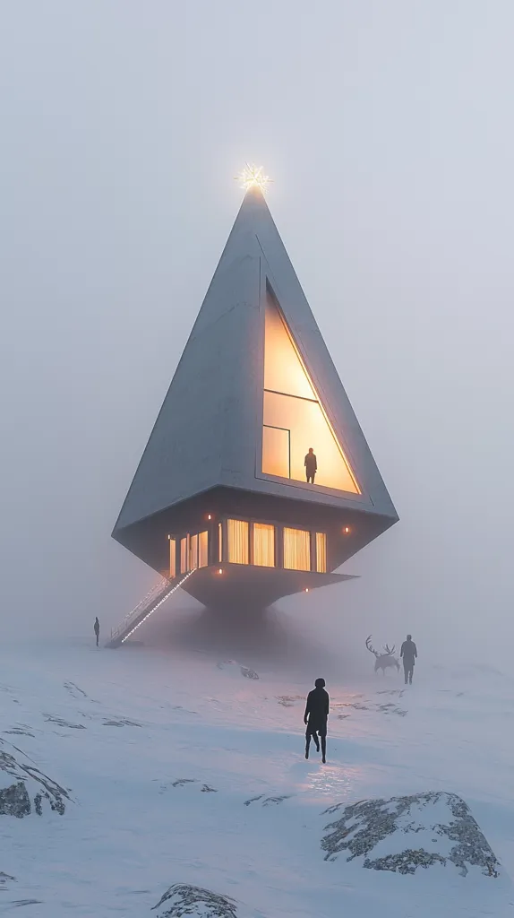 Here's a description of the image:

The image depicts a futuristic, pyramid-shaped house perched on a snowy landscape.  Its sleek, grey exterior contrasts with the warm, inviting glow emanating from its interior windows. A single figure stands silhouetted in one of the upper windows.  Several smaller figures are scattered across the snow-covered ground, dwarfed by the imposing structure.  A reindeer is visible in the mid-ground. The scene is shrouded in a thick, ethereal fog, contributing to a serene yet slightly mysterious ambiance.  A star-shaped light adorns the apex of the house.