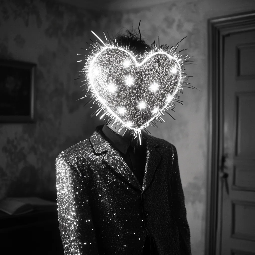 Here is a description of the image:

The black and white photograph shows a person wearing a glittering, sequined suit. Their face is completely obscured by a large, illuminated heart-shaped mask. The mask is crafted from a material that appears to be studded with tiny lights, creating a sparkling effect.  Spiky protrusions radiate outward from the heart's edges. The background is dimly lit and features a distressed wall and a closed door, contributing to a moody, mysterious atmosphere. The overall impression is one of artistic expression, possibly exploring themes of identity and emotion.