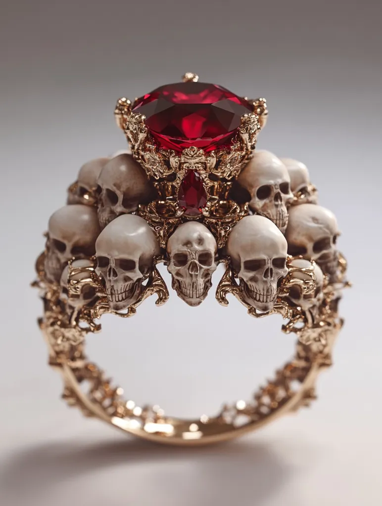 Here's a description of the image:

The image showcases a striking gold ring, intricately designed with a cluster of miniature skulls forming its base. A large, deep red gemstone, possibly a ruby, sits atop the skulls, crowned by an ornate gold setting. The skulls are meticulously detailed, adding a gothic or memento mori aesthetic. The ring's band is wide and features flowing, sculpted goldwork that complements the skull motif. The overall effect is one of opulent darkness and dramatic beauty. The ring is presented against a simple, light-grey background, emphasizing its intricate details.