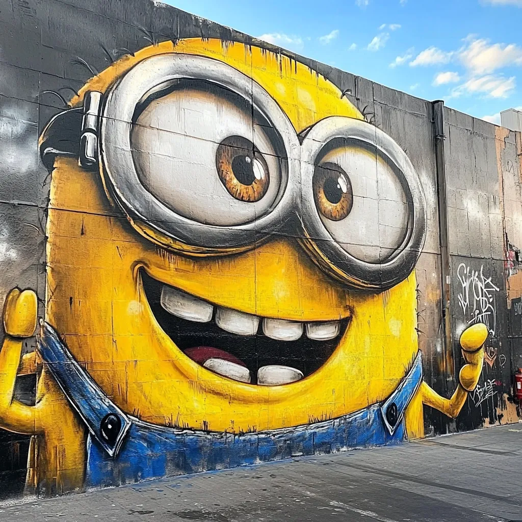 A large-scale mural depicting a Minion, a character from the Despicable Me franchise, dominates a concrete wall.  The Minion's face is brightly colored, with exaggerated features—large, expressive eyes, a wide grin revealing numerous teeth, and signature goggles.  Painted in a style reminiscent of graffiti art, the Minion's yellow body and blue overalls are realistically textured. The background features a portion of a less detailed wall with other graffiti markings. The setting appears to be an urban or industrial area under a partly cloudy sky.