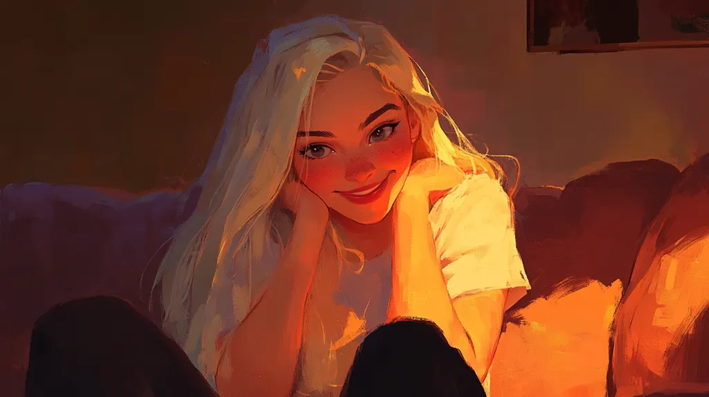 The artwork depicts a young woman with long, blonde hair, sitting on a couch.  Warm, golden light illuminates her face and upper body, highlighting her freckled skin and a gentle smile. She rests her hands near her cheeks, creating a cozy and intimate mood.  The background is a muted orange and brown, suggesting a dimly lit room. The style is painterly and expressive, using bold brushstrokes to capture a feeling of warmth and comfort.