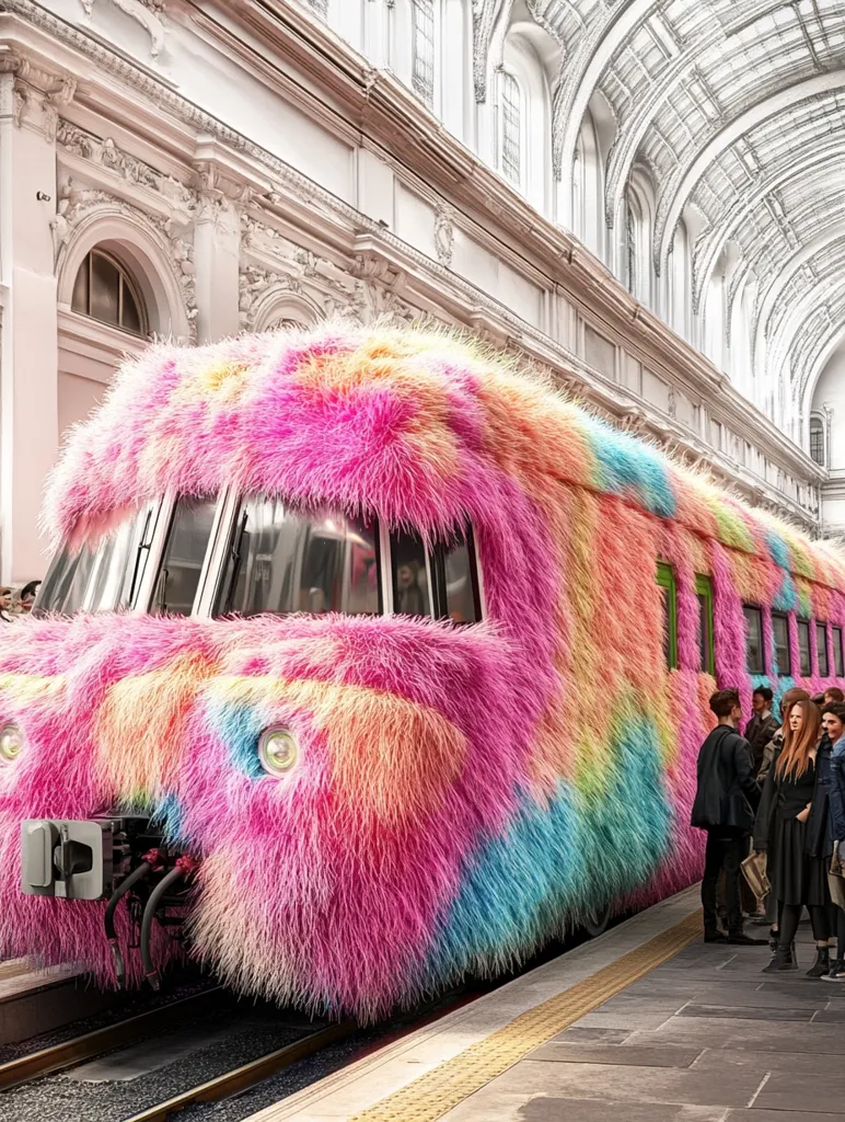 A train, entirely covered in vibrant, multicolored fur, resembling a giant, fluffy creature, sits in a grand, light-colored train station.  The station's high ceilings and ornate architecture contrast sharply with the whimsical train.  People stand on the platform, observing the unusual artwork. The fur is predominantly pink, with streaks of orange, yellow, and blue, creating a playful and surreal scene.