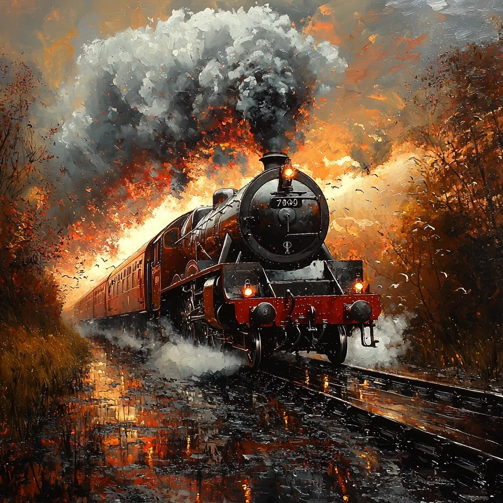 Here's a description of the image:

A powerful steam locomotive, number 7809, speeds along rain-slicked tracks.  Thick, dark smoke billows from its stack, contrasting with the fiery orange and yellow hues of the setting sun reflected in the wet ground. Birds take flight around the train, adding to the dramatic atmosphere. The surrounding landscape is autumnal, with dark trees lining the railway, creating a moody and evocative scene. The painting style is impressionistic, with visible brushstrokes giving a sense of movement and energy.  The overall effect is one of majestic power and romantic nostalgia.