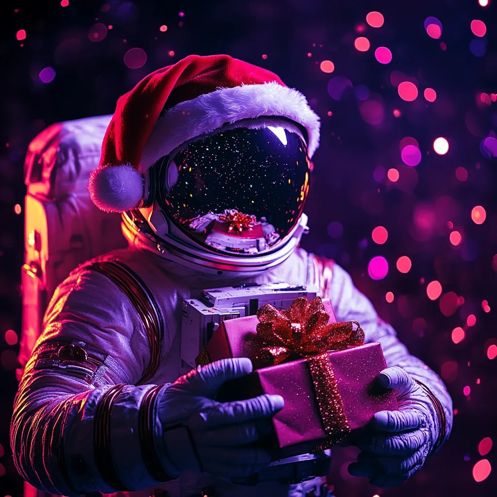 Here's a description of the image:

An astronaut, clad in a spacesuit and a Santa hat, holds a festively wrapped crimson gift box.  The scene is bathed in vibrant purple and pink hues, with a bokeh effect suggesting a starry, cosmic backdrop. The astronaut's visor reflects a glittering expanse, enhancing the otherworldly Christmas atmosphere. The image blends a futuristic setting with traditional Christmas imagery, creating a unique and whimsical visual.