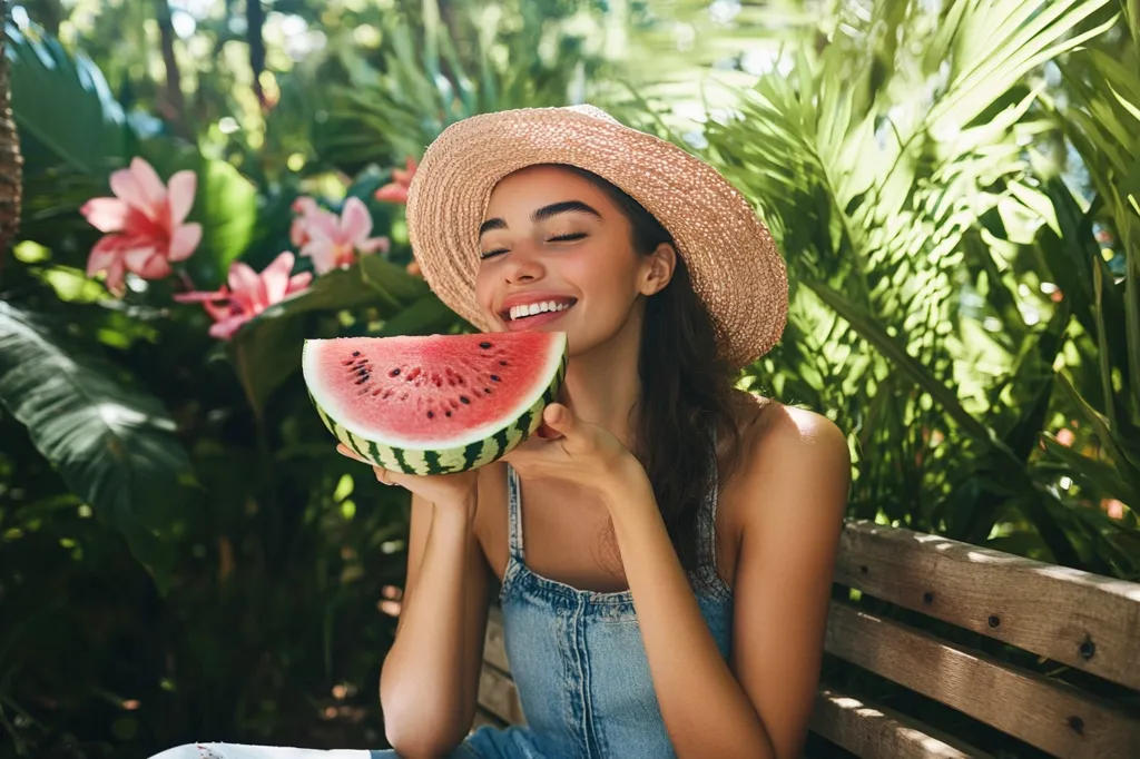 Here's a description of the image:

A young woman with long brown hair, wearing a straw sun hat and denim overalls, sits on a wooden bench outdoors.  She holds a large slice of juicy watermelon up to her face, her eyes closed in enjoyment.  The background is lush with vibrant green tropical foliage and pink flowers, creating a bright, summery scene. Sunlight filters through the leaves, illuminating the woman and her refreshing treat.  The overall mood is one of carefree happiness and summer indulgence.