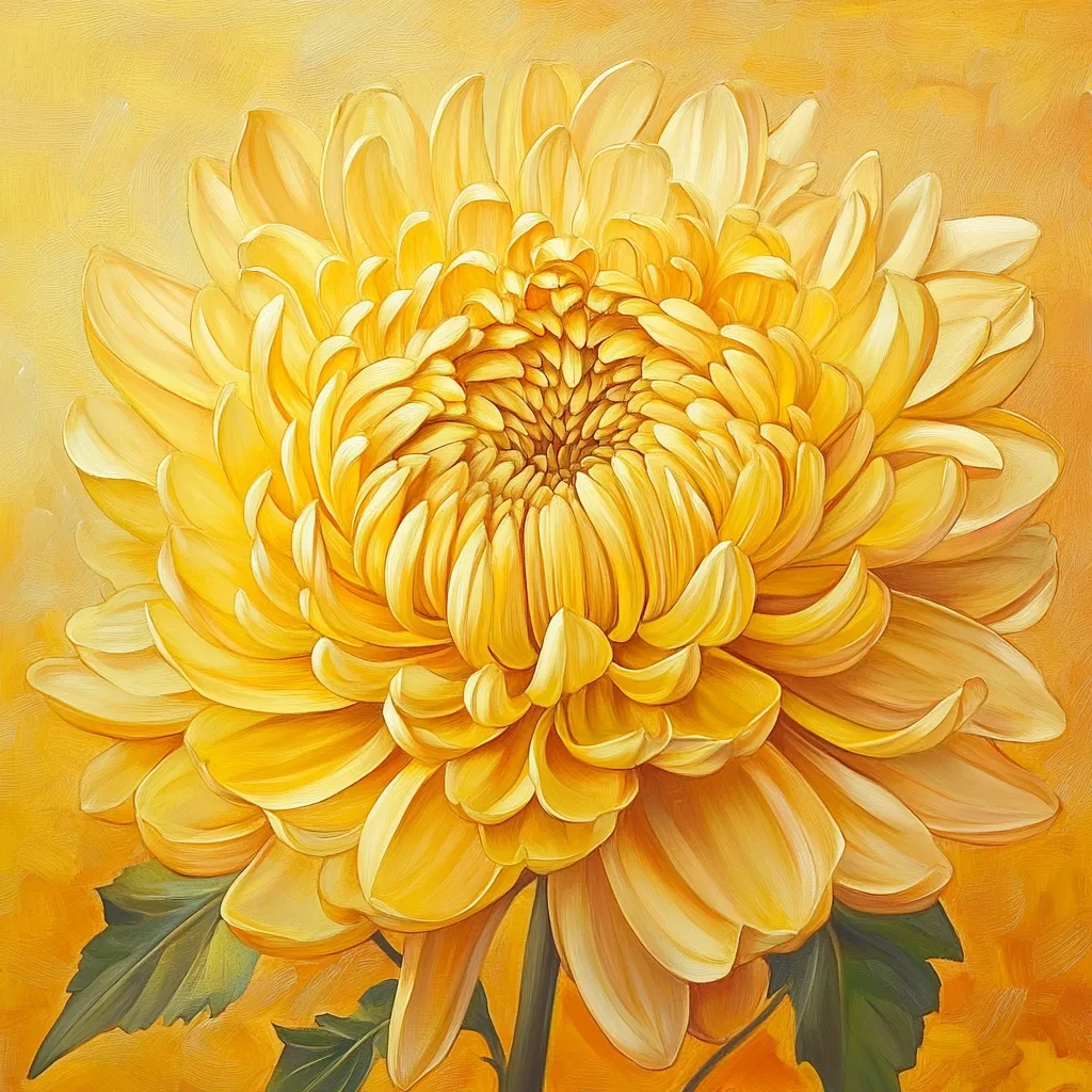 A vibrant, close-up depiction of a yellow chrysanthemum dominates the canvas.  The flower's numerous petals, rendered with meticulous detail, create a densely packed bloom.  The rich, golden hues of the petals are accentuated by subtle variations in tone, suggesting light and shadow.  Simple, dark green leaves frame the base of the flower, providing a contrast against the warm background. The style suggests oil painting, with visible brushstrokes contributing to the texture and luminosity of the artwork.