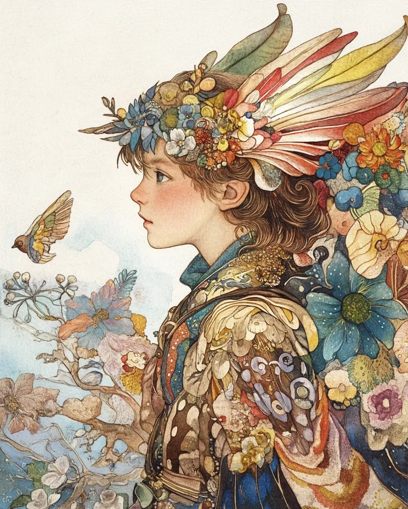 A watercolor painting showcases a young girl in profile, adorned with a magnificent headdress of feathers and flowers.  Her attire is equally elaborate, a tapestry of floral and avian motifs in rich, earthy tones.  A small bird is visible in the background, adding to the ethereal, dreamlike quality of the artwork.  The style is detailed and intricate, with a soft, romantic feel. The overall impression is one of fantasy and delicate beauty.