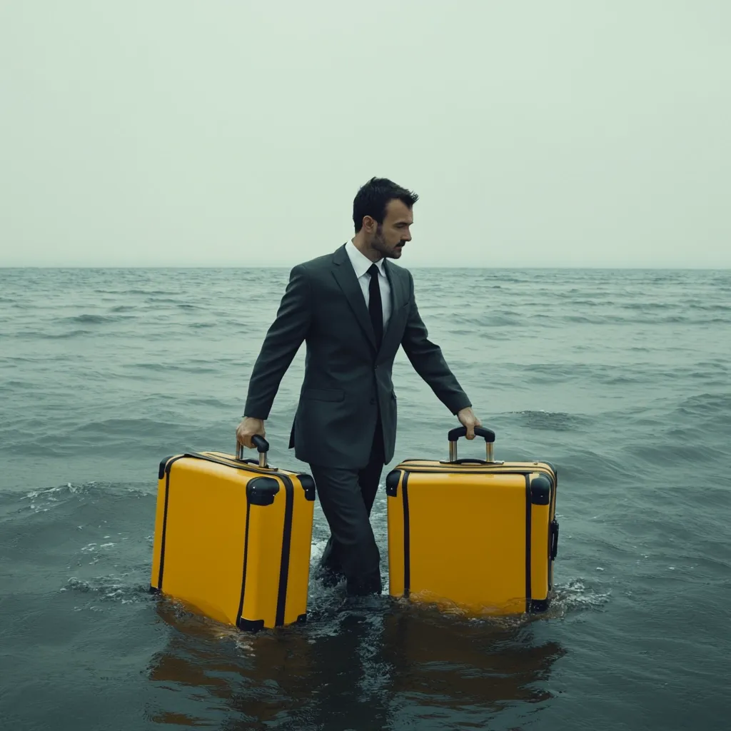 A man in a dark suit walks through waist-deep ocean water, carrying two bright yellow suitcases.  The water is choppy, and the sky is overcast, creating a somber mood. The scene suggests a journey, perhaps a departure or escape, filled with uncertainty and a sense of isolation.  His serious expression adds to the image's contemplative atmosphere.