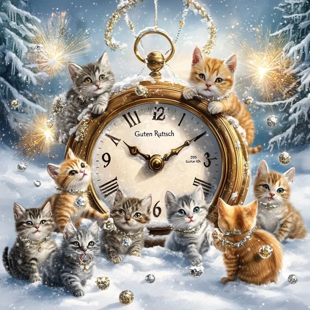 Here's a description of the image:

A whimsical illustration depicts eight adorable kittens surrounding a large, ornate gold pocket watch in a snowy winter scene.  The watch face reads \