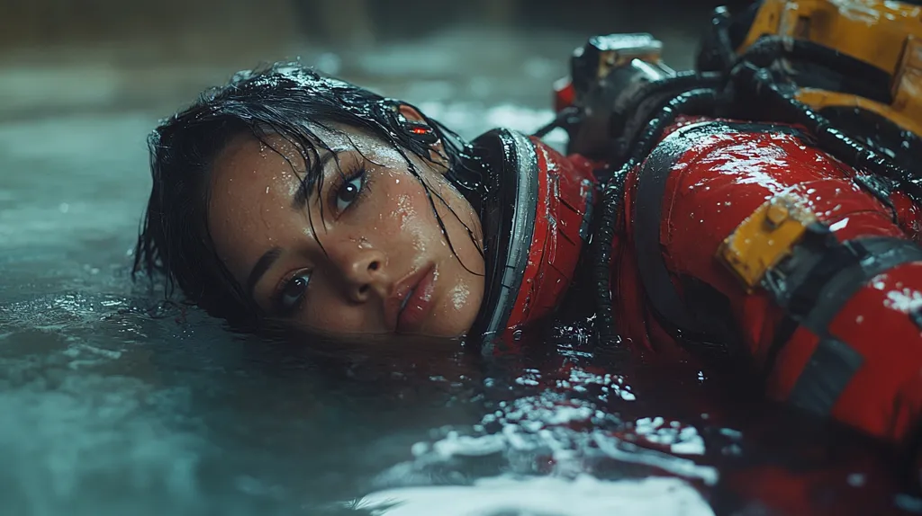 Here's a description of the image:

Close-up view of a young woman submerged in murky water.  She's wearing a red and black, technologically advanced-looking suit, possibly a diving or space suit, which is wet and glistening. Her dark hair is plastered to her face, and water droplets cling to her skin. Her expression is serious, almost pensive, as she looks directly at the viewer. The background is dark and indistinct, suggesting an underwater or submerged environment. The overall mood is one of mystery and suspense.