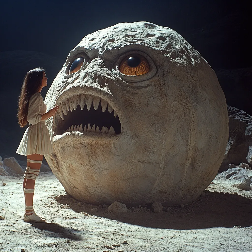 A young girl in a white dress stands before a colossal, monstrous stone sphere.  The sphere's surface resembles weathered rock, yet features a gaping maw filled with sharp teeth and two large, expressive amber eyes.  The scene is dimly lit, creating a dramatic and slightly unsettling atmosphere. The girl seems to be observing the creature with a mixture of curiosity and apprehension, creating a sense of mystery and potential danger.  The setting appears desolate and possibly extraterrestrial.