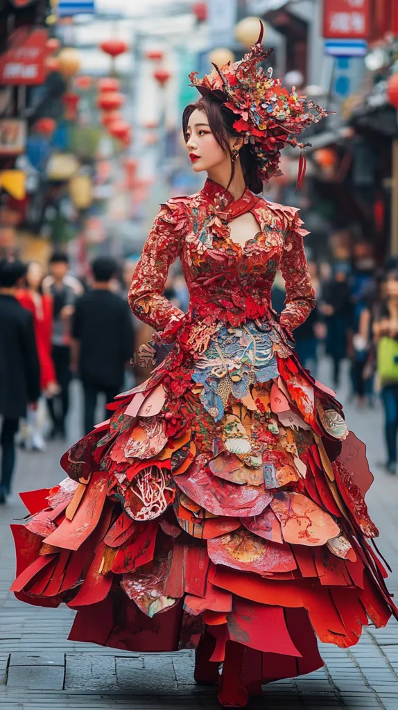 A young woman, poised on a city street, wears a magnificent red gown.  The dress, a masterpiece of layered fabric, is adorned with intricate details and patterns, possibly repurposed materials.  Her elaborate headdress complements the vibrant ensemble.  The background features a bustling, slightly blurred street scene, suggesting a vibrant Asian city. The overall effect is striking, showcasing a blend of traditional and contemporary fashion.