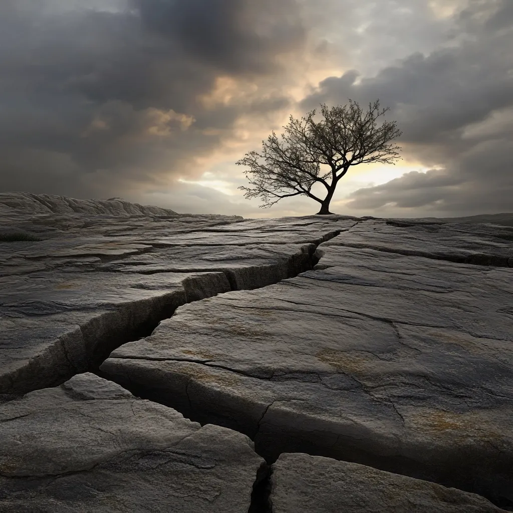 A lone, leafless tree stands on a stark, gray landscape of cracked rock.  A dramatic sky, filled with dark clouds and a hint of sunset, looms overhead. The scene evokes a sense of isolation and resilience, with the tree seemingly defying the harsh, barren environment.  The deep fissure in the rock emphasizes the landscape's ruggedness. The overall mood is somber yet strangely beautiful.